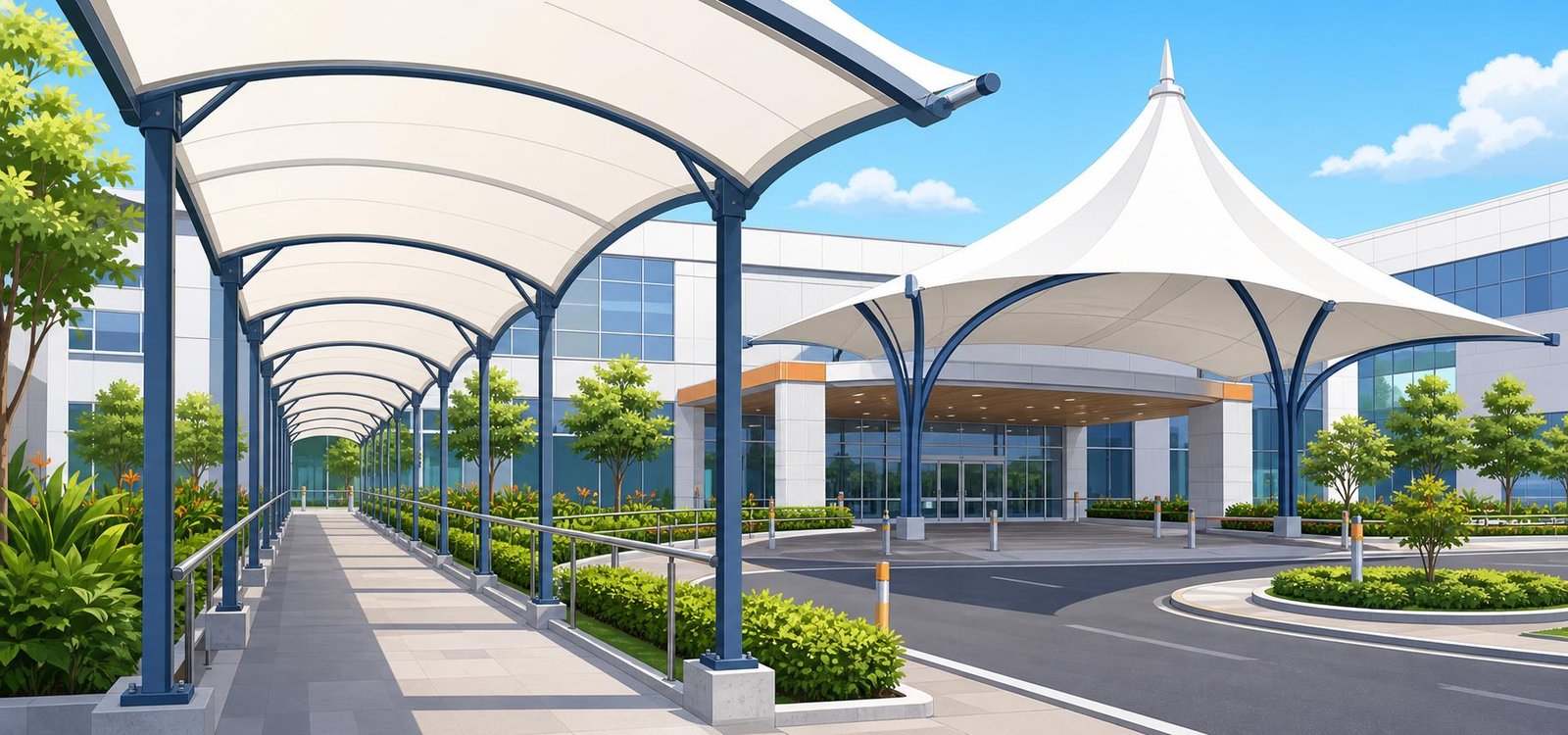 Tensile structure for a school campus shaded activity area
